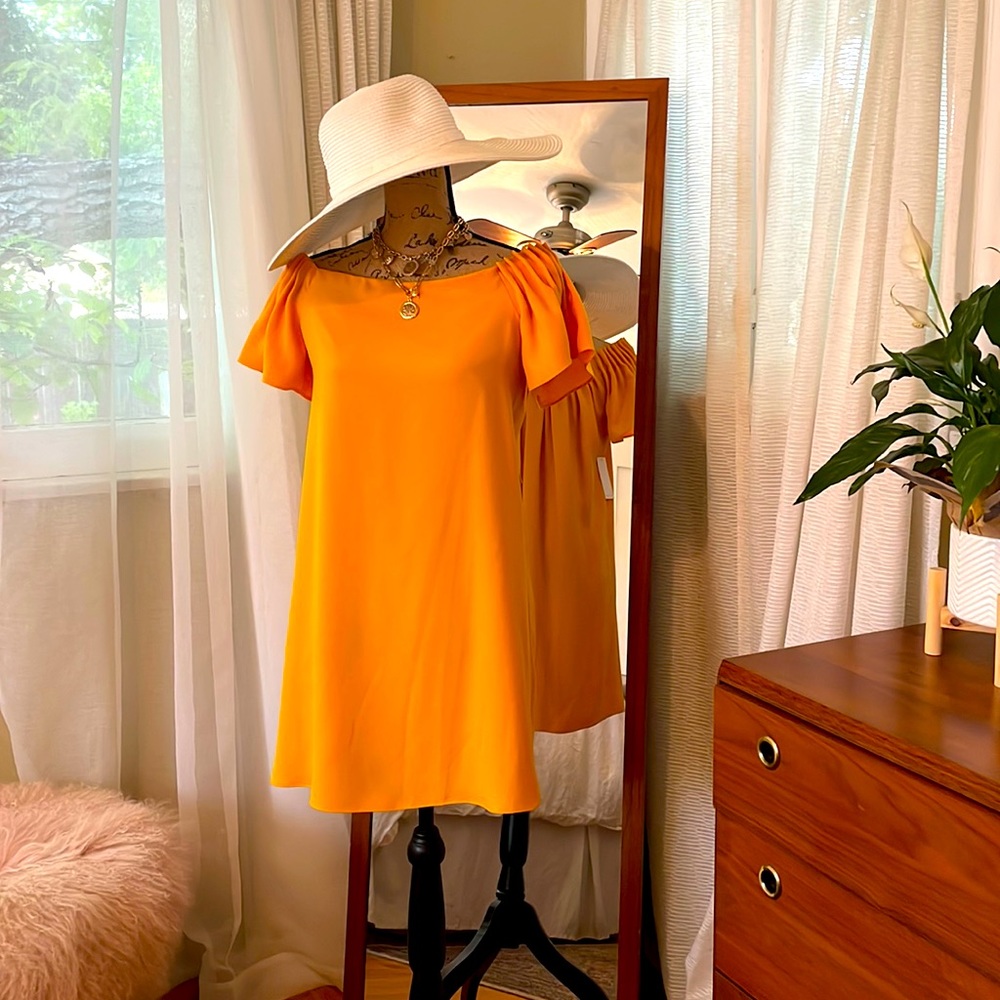 Trina Turk off the shoulder dress. Honey color.